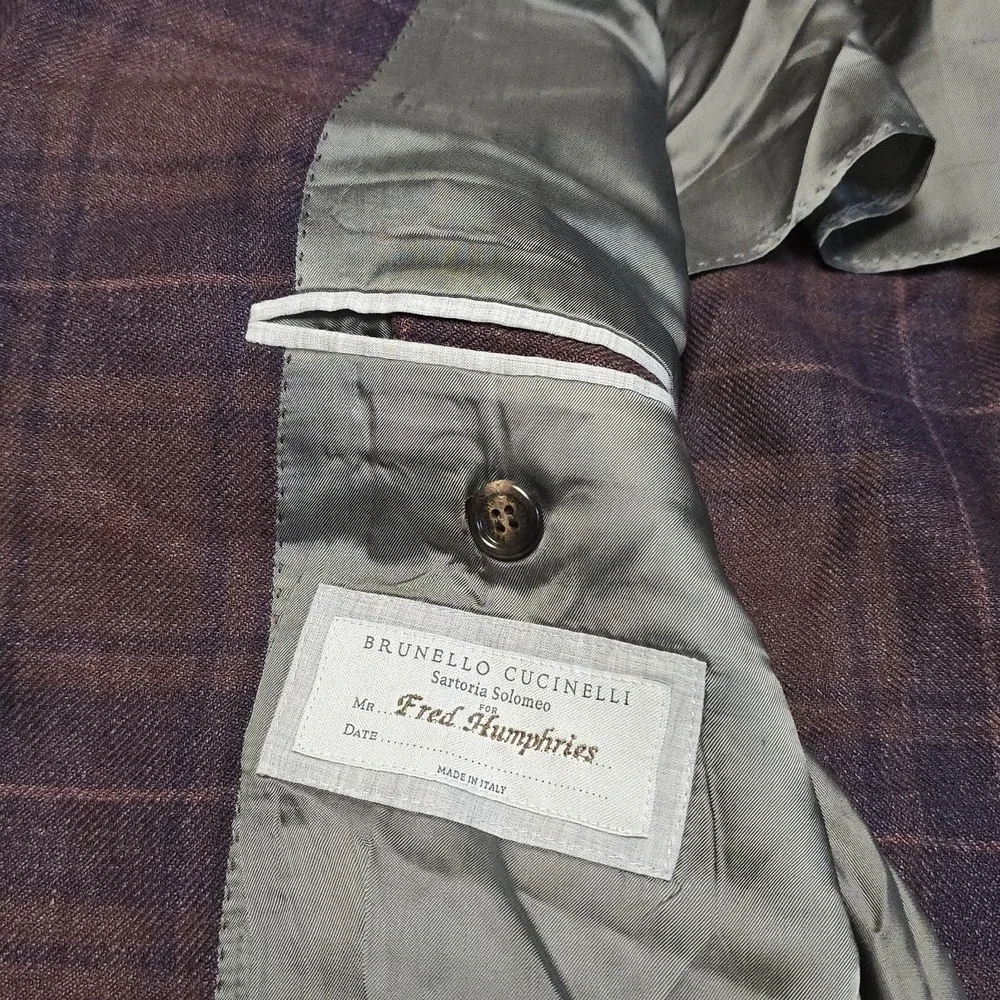 Brunello Cucinelli Sartoria Solomeo Blazer Linen Wool Silk Burgundy Plaid Italy